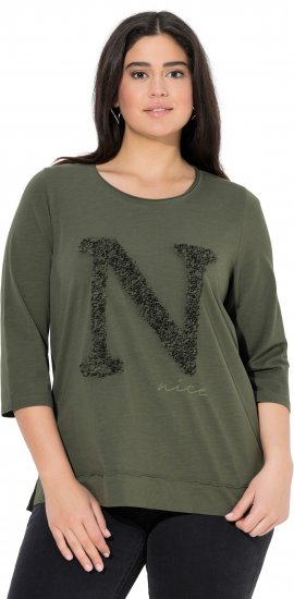 Ulla Popken Textured Lettering 3/4 Sleeve Tee Olive - Mintás pólók nőknek - 