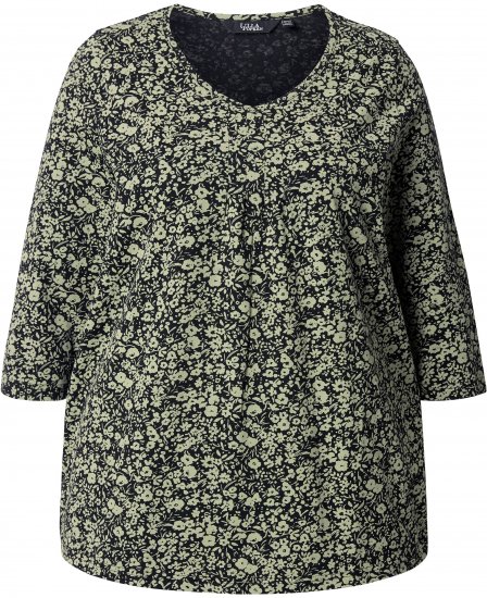 Ulla Popken Pleated Floral Print 3/4 Sleeve Tee Pond Green - Mintás pólók nőknek - 
