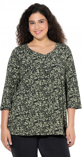 Ulla Popken Pleated Floral Print 3/4 Sleeve Tee Pond Green - Mintás pólók nőknek - 