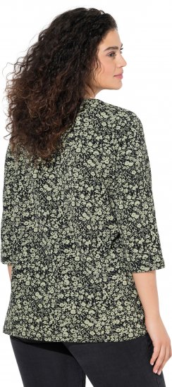 Ulla Popken Pleated Floral Print 3/4 Sleeve Tee Pond Green - Mintás pólók nőknek - 
