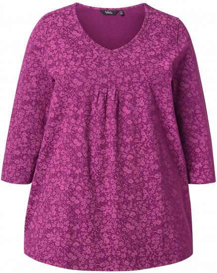 Ulla Popken Pleated Floral Print 3/4 Sleeve Tee Raspberry - Mintás pólók nőknek - 