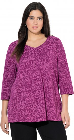 Ulla Popken Pleated Floral Print 3/4 Sleeve Tee Raspberry - Mintás pólók nőknek - 