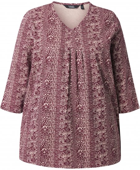 Ulla Popken Mixed Pattern Stripe 3/4 Sleeve Tee Dark Cherry Red - Pólók - 
