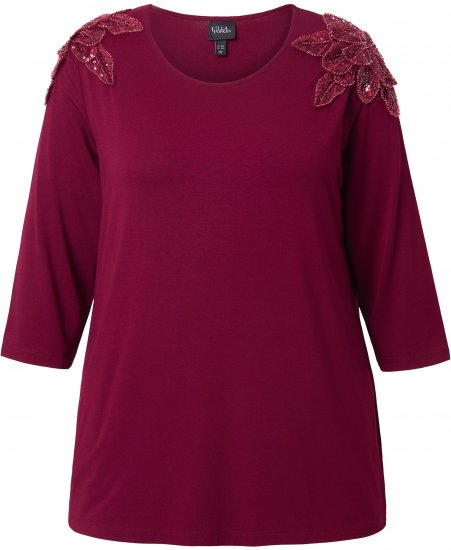 Ulla Popken Flower Epaulet 3/4 Sleeve Top Dark Cherry Red - Mintás pólók nőknek - 