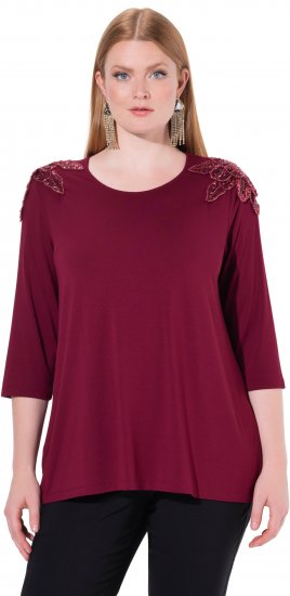 Ulla Popken Flower Epaulet 3/4 Sleeve Top Dark Cherry Red - Mintás pólók nőknek - 