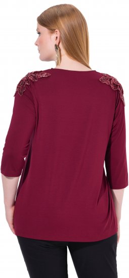 Ulla Popken Flower Epaulet 3/4 Sleeve Top Dark Cherry Red - Mintás pólók nőknek - 