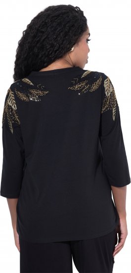 Ulla Popken Feather Beadwork 3/4 Sleeve Top Black - Mintás pólók nőknek - 