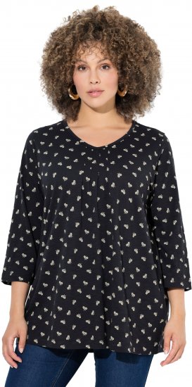 Ulla Popken Flower Print 3/4 Sleeve Tee Black - Pólók - 