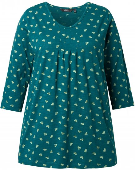 Ulla Popken Flower Print 3/4 Sleeve Tee Teal Green - Pólók - 