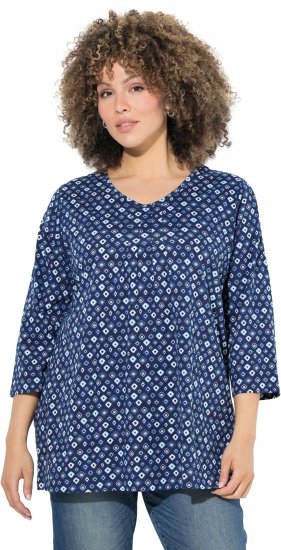 Ulla Popken Graphic Print Pleated 3/4 Sleeve Tee Blue - Pólók - 
