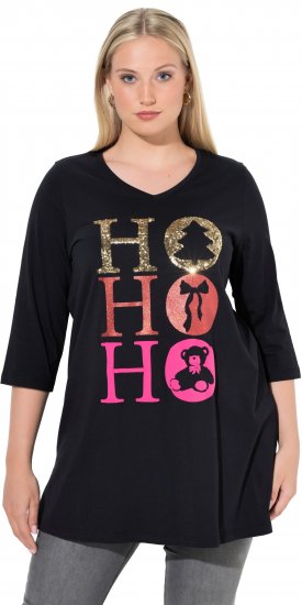 Ulla Popken Ho Ho Ho 3/4 Sleeve Graphic Tunic Tee Black - Pólók - 