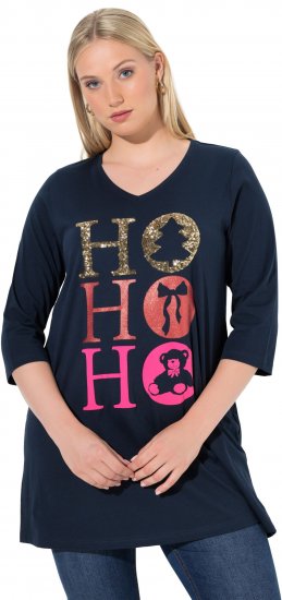 Ulla Popken Ho Ho Ho 3/4 Sleeve Graphic Tunic Tee Navy - Pólók - 