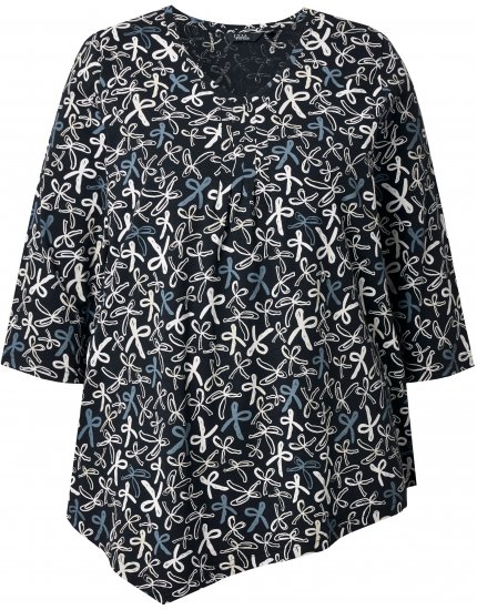 Ulla Popken Ribbon Print 3/4 Sleeve Asymmetric Tee Black - Mintás pólók nőknek - 