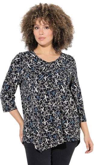 Ulla Popken Ribbon Print 3/4 Sleeve Asymmetric Tee Black - Mintás pólók nőknek - 