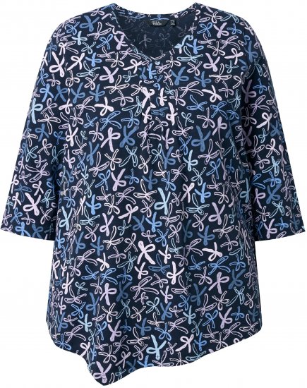 Ulla Popken Ribbon Print 3/4 Sleeve Asymmetric Tee Navy - Mintás pólók nőknek - 