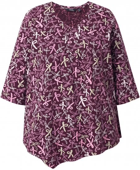 Ulla Popken Ribbon Print 3/4 Sleeve Asymmetric Tee Plum - Mintás pólók nőknek - 