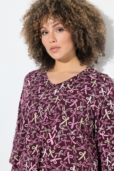 Ulla Popken Ribbon Print 3/4 Sleeve Asymmetric Tee Plum - Mintás pólók nőknek - Mintás pólók nőknek
