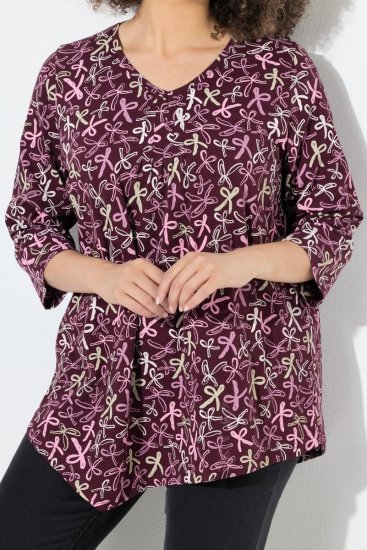 Ulla Popken Ribbon Print 3/4 Sleeve Asymmetric Tee Plum - Mintás pólók nőknek - Mintás pólók nőknek