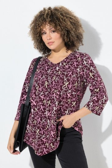 Ulla Popken Ribbon Print 3/4 Sleeve Asymmetric Tee Plum - Mintás pólók nőknek - Mintás pólók nőknek
