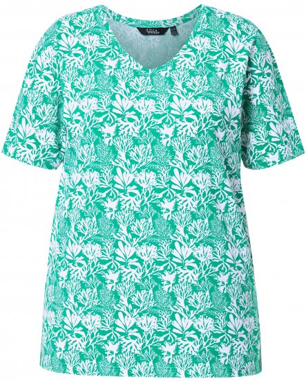 Ulla Popken Coral Reef Printed Short Sleeve V-Neck Tee Emerald - Mintás pólók nőknek - 