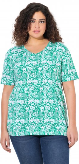Ulla Popken Coral Reef Printed Short Sleeve V-Neck Tee Emerald - Mintás pólók nőknek - 