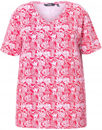 Ulla Popken Coral Reef Printed Short Sleeve V-Neck Tee Lychee - Mintás pólók nőknek - 
