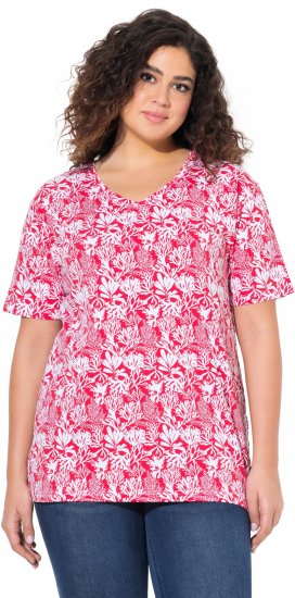Ulla Popken Coral Reef Printed Short Sleeve V-Neck Tee Lychee - Mintás pólók nőknek - 