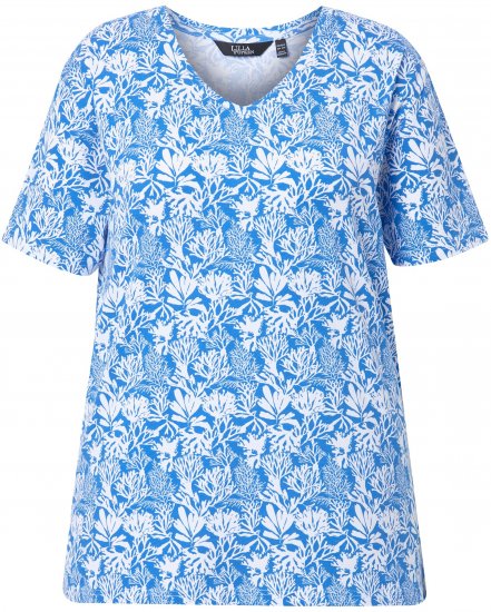 Ulla Popken Coral Reef Printed Short Sleeve V-Neck Tee Teal Blue - Mintás pólók nőknek - 