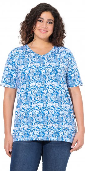 Ulla Popken Coral Reef Printed Short Sleeve V-Neck Tee Teal Blue - Mintás pólók nőknek - 