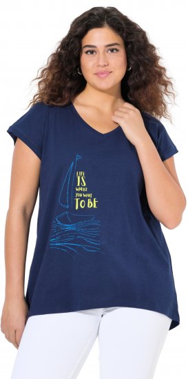Ulla Popken Half-Sleeve A-line V-Neck Boat Pattern T-Shirt Ink Blue - Mintás pólók nőknek - 