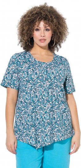 Ulla Popken Floral Pointed Hem Short Sleeve Tee Deep Aqua - Mintás pólók nőknek - 
