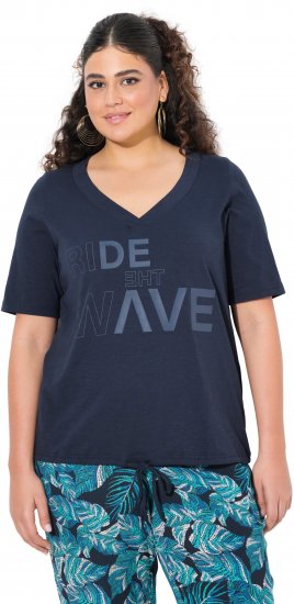 Ulla Popken Ride The Wave Short Sleeve V-Neck Graphic Tee Navy Blue - Mintás pólók nőknek - 