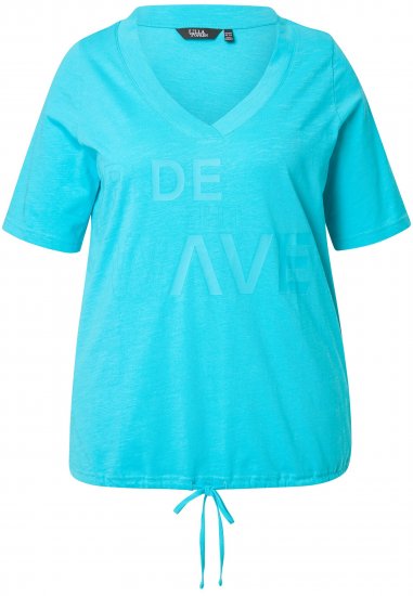 Ulla Popken Ride The Wave Short Sleeve V-Neck Graphic Tee Deep Aqua - Mintás pólók nőknek - 