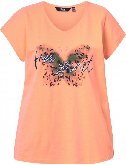 Ulla Popken Free Spirit Butterfly Cap Sleeve Graphic Tee Coral - Mintás pólók nőknek - 