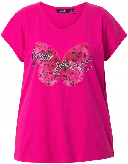 Ulla Popken Free Spirit Butterfly Cap Sleeve Graphic Tee Magenta Pink - Mintás pólók nőknek - 