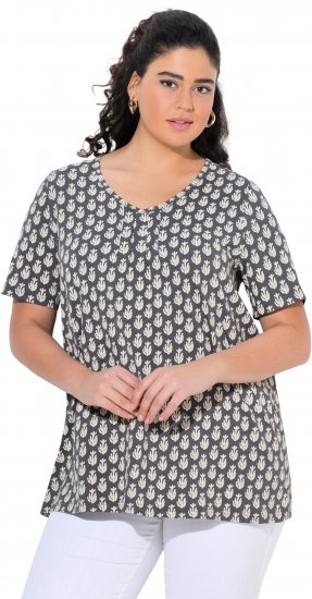 Ulla Popken Cactus Print Short Sleeve V-Neck Tee Graphite Grey - Mintás pólók nőknek - 