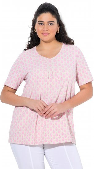 Ulla Popken Cactus Print Short Sleeve V-Neck Tee Pink - Mintás pólók nőknek - 