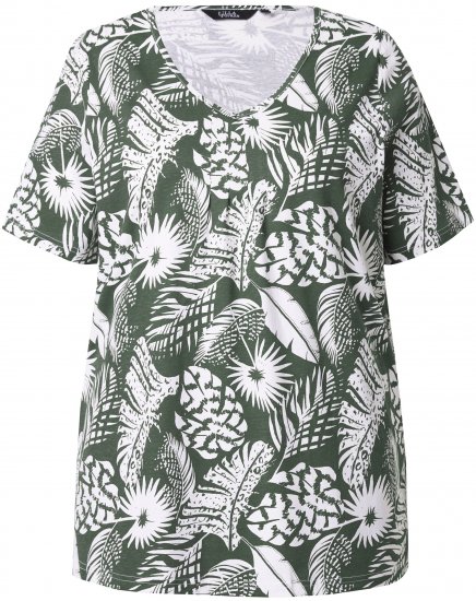 Ulla Popken Feather Print Short Sleeve V-Neck Tee Olive Grey - Mintás pólók nőknek - 