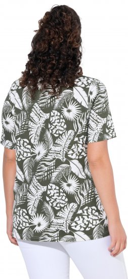 Ulla Popken Feather Print Short Sleeve V-Neck Tee Olive Grey - Mintás pólók nőknek - 