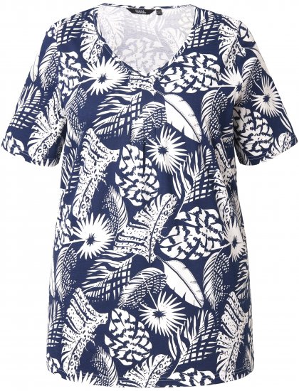Ulla Popken Feather Print Short Sleeve V-Neck Tee Ink Blue - Mintás pólók nőknek - 