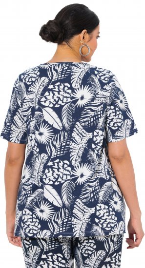 Ulla Popken Feather Print Short Sleeve V-Neck Tee Ink Blue - Mintás pólók nőknek - 