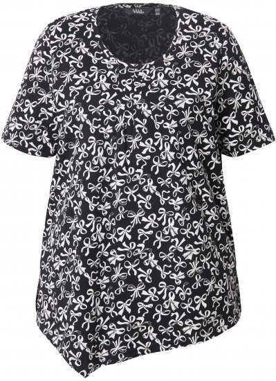 Ulla Popken Bow Print Short Sleeve Pointed Hem Tee Black - Mintás pólók nőknek - 