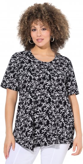 Ulla Popken Bow Print Short Sleeve Pointed Hem Tee Black - Mintás pólók nőknek - 