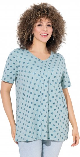 Ulla Popken Tile Print Short Sleeve Pleated Tee Light Moss Green - Mintás pólók nőknek - 