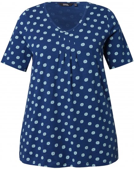 Ulla Popken Tile Print Short Sleeve Pleated Tee Dark Blue - Mintás pólók nőknek - 