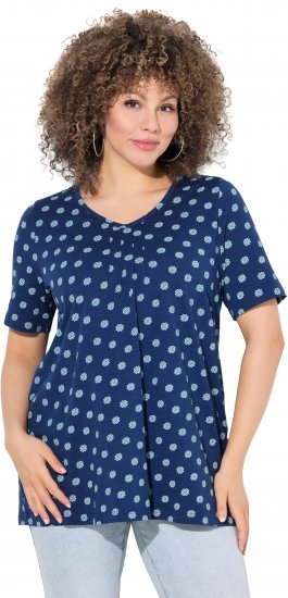 Ulla Popken Tile Print Short Sleeve Pleated Tee Dark Blue - Mintás pólók nőknek - 