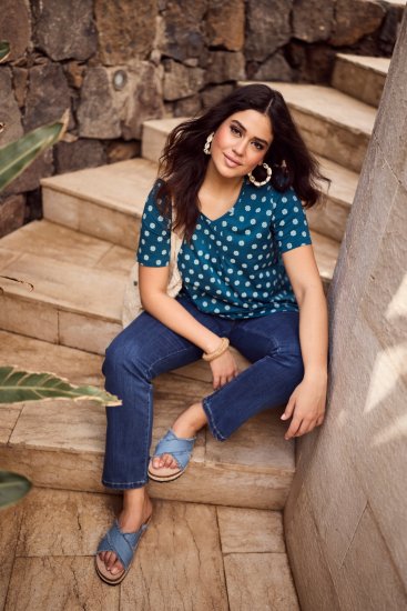 Ulla Popken Tile Print Short Sleeve Pleated Tee Teal - Mintás pólók nőknek - 