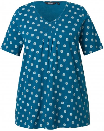 Ulla Popken Tile Print Short Sleeve Pleated Tee Teal - Mintás pólók nőknek - 
