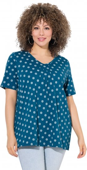 Ulla Popken Tile Print Short Sleeve Pleated Tee Teal - Mintás pólók nőknek - 