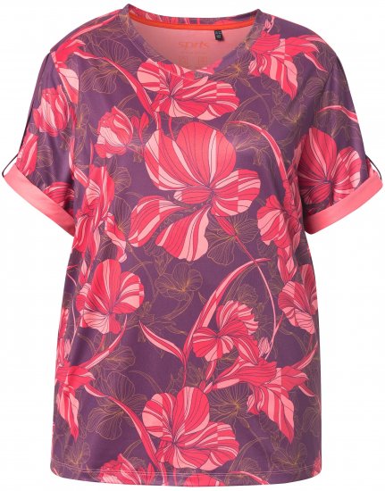 Ulla Popken Quick Drying Flower Print Short Sleeve Tee Dark Cherry - Mintás pólók nőknek - 
